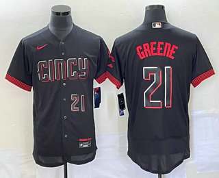 Men's Cincinnati Reds #21 Hunter Greene Number Black 2023 City Connect Flex Base Stitched Jersey 02