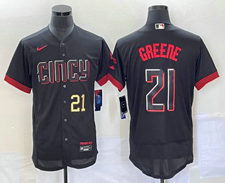 Men's Cincinnati Reds #21 Hunter Greene Number Black 2023 City Connect Flex Base Stitched Jersey 03