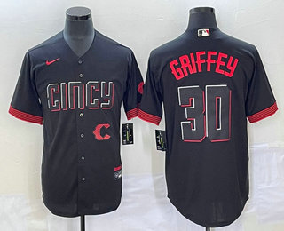 Men's Cincinnati Reds #30 Ken Griffey Jr Black 2023 City Connect Cool Base Stitched Jersey 01