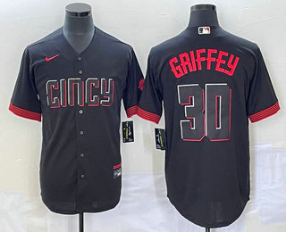 Men's Cincinnati Reds #30 Ken Griffey Jr Black 2023 City Connect Cool Base Stitched Jersey 02