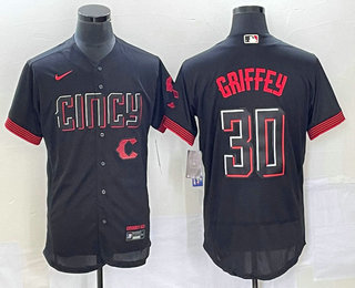 Men's Cincinnati Reds #30 Ken Griffey Jr Black 2023 City Connect Flex Base Stitched Jersey 01