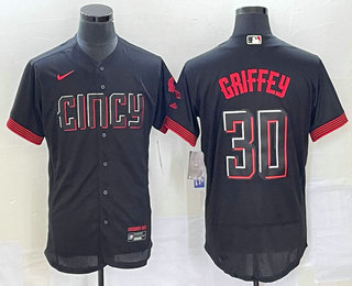 Men's Cincinnati Reds #30 Ken Griffey Jr Black 2023 City Connect Flex Base Stitched Jersey 02