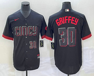 Men's Cincinnati Reds #30 Ken Griffey Jr Number Black 2023 City Connect Cool Base Stitched Jersey 01