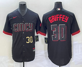 Men's Cincinnati Reds #30 Ken Griffey Jr Number Black 2023 City Connect Cool Base Stitched Jersey 03