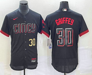 Men's Cincinnati Reds #30 Ken Griffey Jr Number Black 2023 City Connect Flex Base Stitched Jersey 01