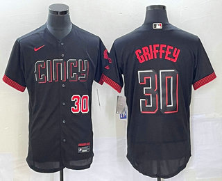 Men's Cincinnati Reds #30 Ken Griffey Jr Number Black 2023 City Connect Flex Base Stitched Jersey 02