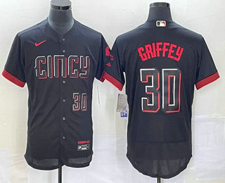 Men's Cincinnati Reds #30 Ken Griffey Jr Number Black 2023 City Connect Flex Base Stitched Jersey 03