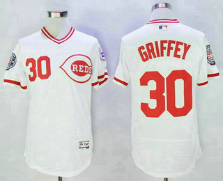 Men's Cincinnati Reds #30 Ken Griffey Jr Retired White Pullover 2016 Flexbase Majestic Baseball Jersey