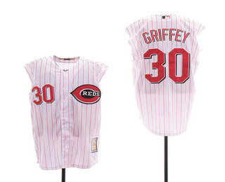 Men's Cincinnati Reds #30 Ken Griffey Jr White Vest Pinstripe 2000 Cooperstown Collection Stitched MLB Jersey