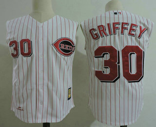 Men's Cincinnati Reds #30 Ken Griffey Jr White Vest Pinstripe Cooperstown Collection Stitched MLB Majestic Jersey