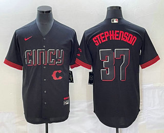 Men's Cincinnati Reds #37 Tyler Stephenson Black 2023 City Connect Cool Base Stitched Jersey 01