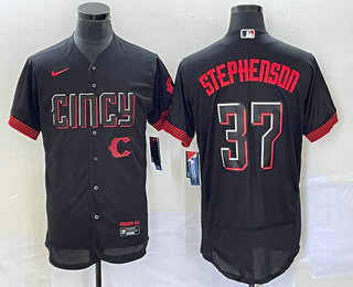 Men's Cincinnati Reds #37 Tyler Stephenson Black 2023 City Connect Flex Base Stitched Jersey 01