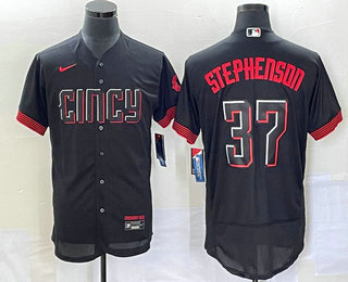 Men's Cincinnati Reds #37 Tyler Stephenson Black 2023 City Connect Flex Base Stitched Jersey 02