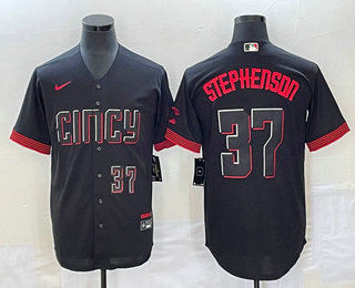 Men's Cincinnati Reds #37 Tyler Stephenson Number Black 2023 City Connect Cool Base Stitched Jersey 01