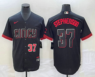 Men's Cincinnati Reds #37 Tyler Stephenson Number Black 2023 City Connect Cool Base Stitched Jersey 02