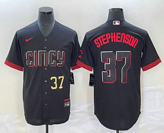 Men's Cincinnati Reds #37 Tyler Stephenson Number Black 2023 City Connect Cool Base Stitched Jersey 03