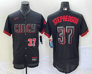 Men's Cincinnati Reds #37 Tyler Stephenson Number Black 2023 City Connect Flex Base Stitched Jersey 01