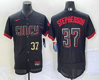 Men's Cincinnati Reds #37 Tyler Stephenson Number Black 2023 City Connect Flex Base Stitched Jersey 02