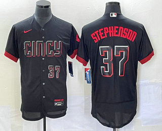 Men's Cincinnati Reds #37 Tyler Stephenson Number Black 2023 City Connect Flex Base Stitched Jersey 03