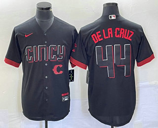 Men's Cincinnati Reds #44 Elly De La Cruz Black 2023 City Connect Cool Base Stitched Baseball Jersey 01