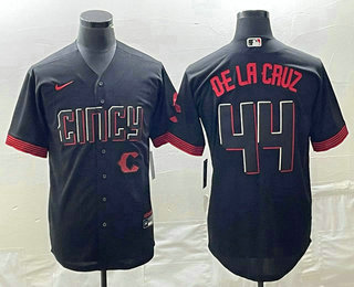 Men's Cincinnati Reds #44 Elly De La Cruz Black 2023 City Connect Cool Base Stitched Jersey 01