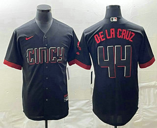 Men's Cincinnati Reds #44 Elly De La Cruz Black 2023 City Connect Cool Base Stitched Jersey 02