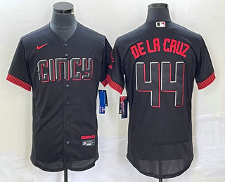 Men's Cincinnati Reds #44 Elly De La Cruz Black 2023 City Connect Flex Base Stitched Baseball Jersey 02