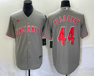 Men's Cincinnati Reds #44 Elly De La Cruz Grey Cool Base Stitched Baseball Jersey 02