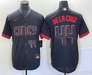 Men's Cincinnati Reds #44 Elly De La Cruz Number Black 2023 City Connect Cool Base Stitched Baseball Jersey 01