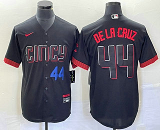 Men's Cincinnati Reds #44 Elly De La Cruz Number Black 2023 City Connect Cool Base Stitched Baseball Jersey 02