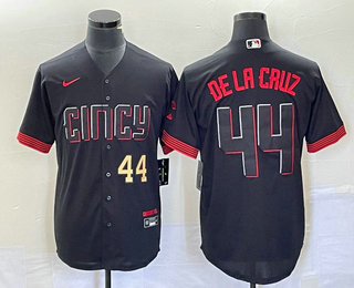 Men's Cincinnati Reds #44 Elly De La Cruz Number Black 2023 City Connect Cool Base Stitched Baseball Jersey 03