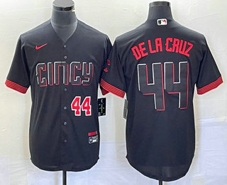 Men's Cincinnati Reds #44 Elly De La Cruz Number Black 2023 City Connect Cool Base Stitched Baseball Jersey 05