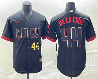 Men's Cincinnati Reds #44 Elly De La Cruz Number Black 2023 City Connect Cool Base Stitched Jersey 02