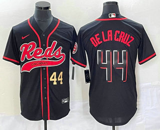 Men's Cincinnati Reds #44 Elly De La Cruz Number Black With Patch Cool Base Stitched Baseball Jersey 01