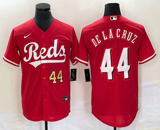 Men's Cincinnati Reds #44 Elly De La Cruz Number Red Cool Base Stitched Baseball Jersey 02