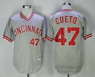 Men's Cincinnati Reds #47 Johnny Cueto Grey Pullover Stitched MLB Throwback Jersey By Mitchell & Ness