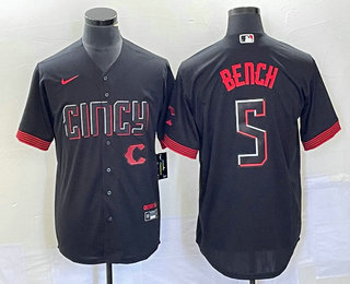 Men's Cincinnati Reds #5 Johnny Bench Black 2023 City Connect Cool Base Stitched Baseball Jersey 01