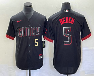 Men's Cincinnati Reds #5 Johnny Bench Number Black 2023 City Connect Cool Base Stitched Baseball Jersey 01