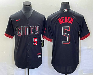 Men's Cincinnati Reds #5 Johnny Bench Number Black 2023 City Connect Cool Base Stitched Baseball Jersey 02