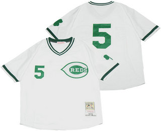 Men's Cincinnati Reds #5 Johnny Bench White With Green Number Throwback Jersey By Mitchell & Ness