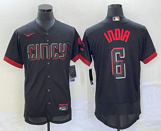 Men's Cincinnati Reds #6 Jonathan India Black 2023 City Connect Flex Base Stitched Jersey 01