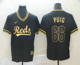 Men's Cincinnati Reds #66 Yasiel Puig Black Gold Nike Cooperstown Legend V Neck Jersey