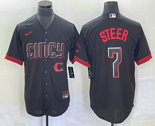 Men's Cincinnati Reds #7 Spencer Steer Black 2023 City Connect Cool Base Stitched Baseball Jersey 01