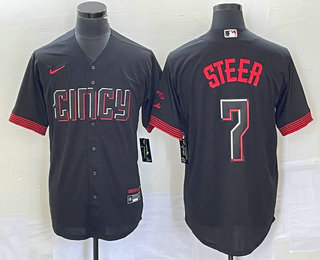 Men's Cincinnati Reds #7 Spencer Steer Black 2023 City Connect Cool Base Stitched Baseball Jersey 02