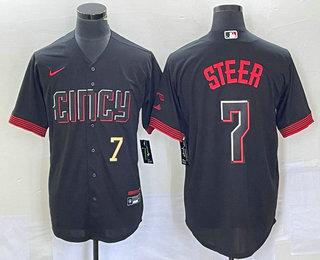 Men's Cincinnati Reds #7 Spencer Steer Number Black 2023 City Connect Cool Base Stitched Baseball Jersey 01