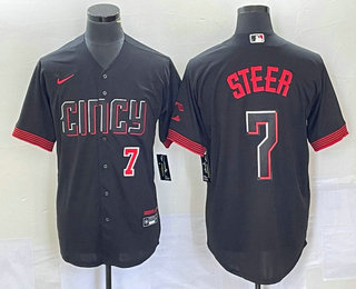 Men's Cincinnati Reds #7 Spencer Steer Number Black 2023 City Connect Cool Base Stitched Baseball Jersey 02