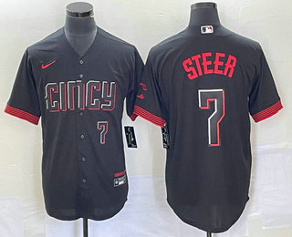 Men's Cincinnati Reds #7 Spencer Steer Number Black 2023 City Connect Cool Base Stitched Baseball Jersey 03