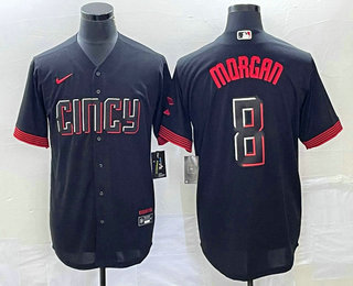 Men's Cincinnati Reds #8 Joe Morgan Black 2023 City Connect Cool Base Stitched Jersey 01