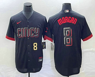 Men's Cincinnati Reds #8 Joe Morgan Number Black 2023 City Connect Cool Base Stitched Jersey 01