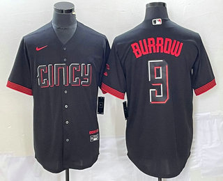 Men's Cincinnati Reds #9 Joe Burrow Black 2023 City Connect Cool Base Stitched Baseball Jersey 01